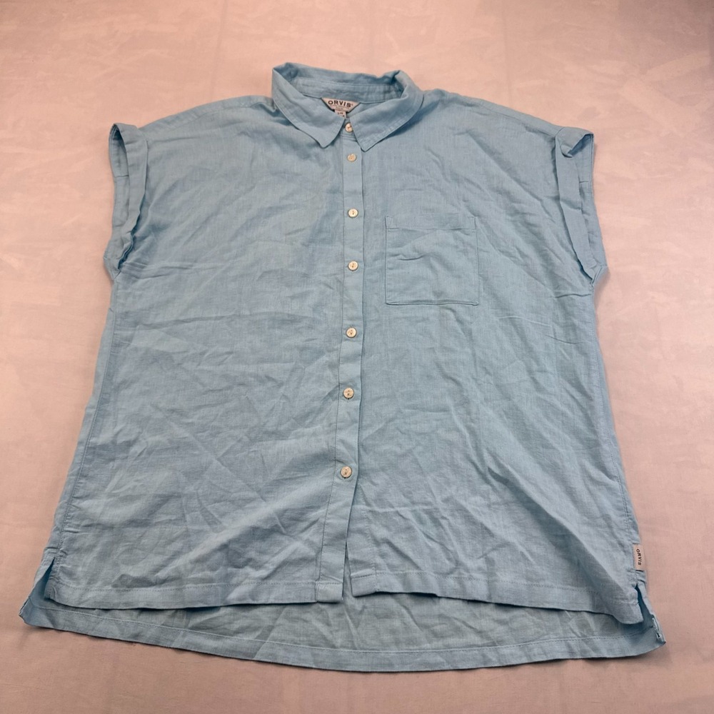 Orvis Classic Collection Shirt Top Womens L Blue Linen Blend Collared Button Up